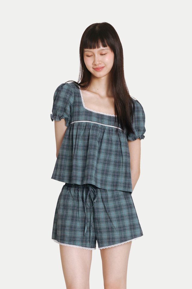 ELIANA SQUARE NECK BABYDOLL TOP IN OCEAN CHECKS