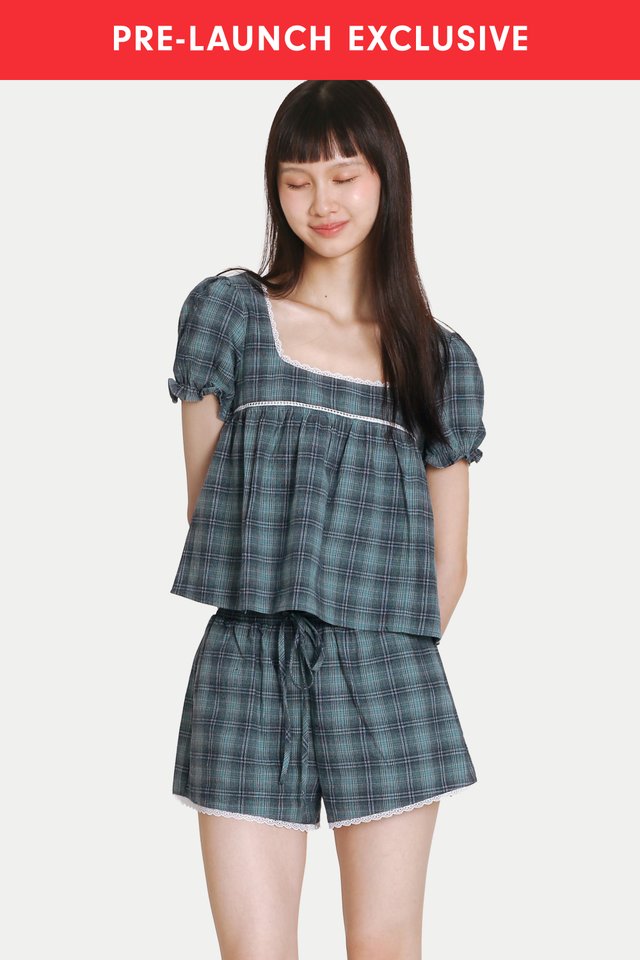 ELIANA SQUARE NECK BABYDOLL TOP IN OCEAN CHECKS