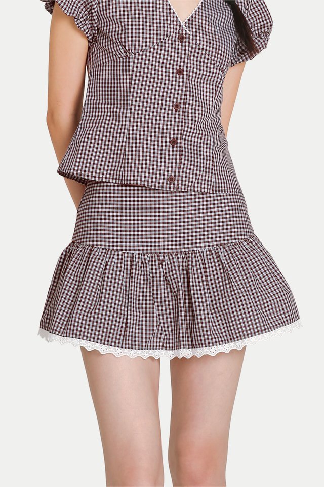 EVALINA MINI LACE HEM SKORTS IN BROWN CHECKS