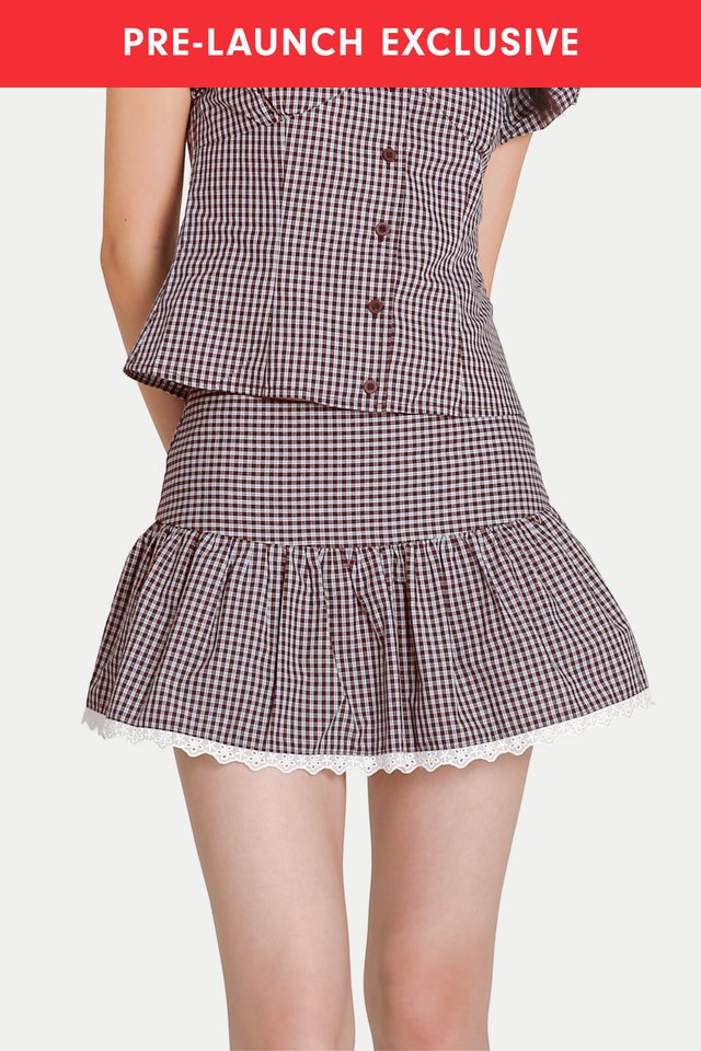 EVALINA MINI LACE HEM SKORTS IN BROWN CHECKS