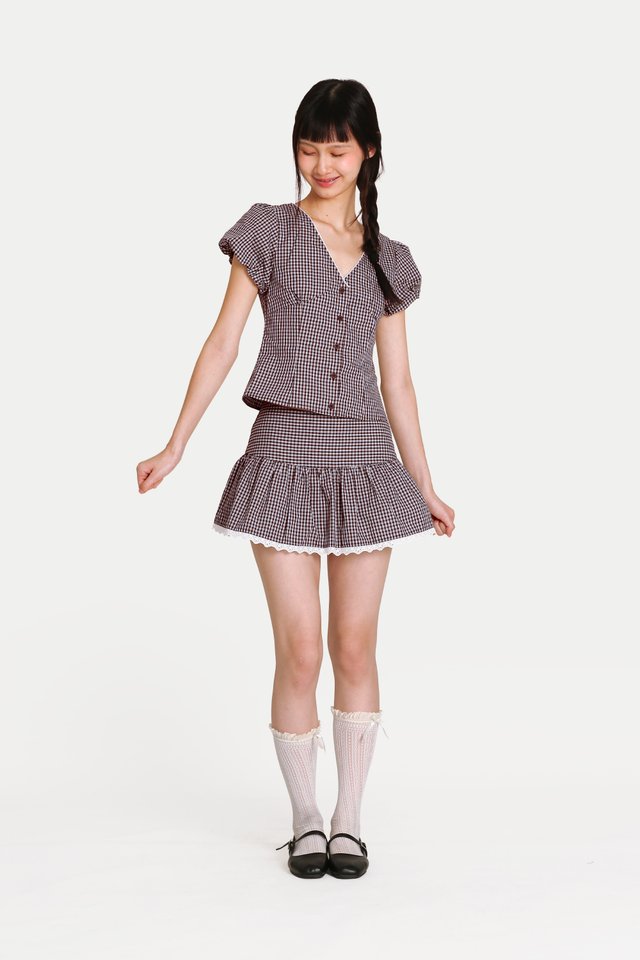EVALINA MINI LACE HEM SKORTS IN BROWN CHECKS