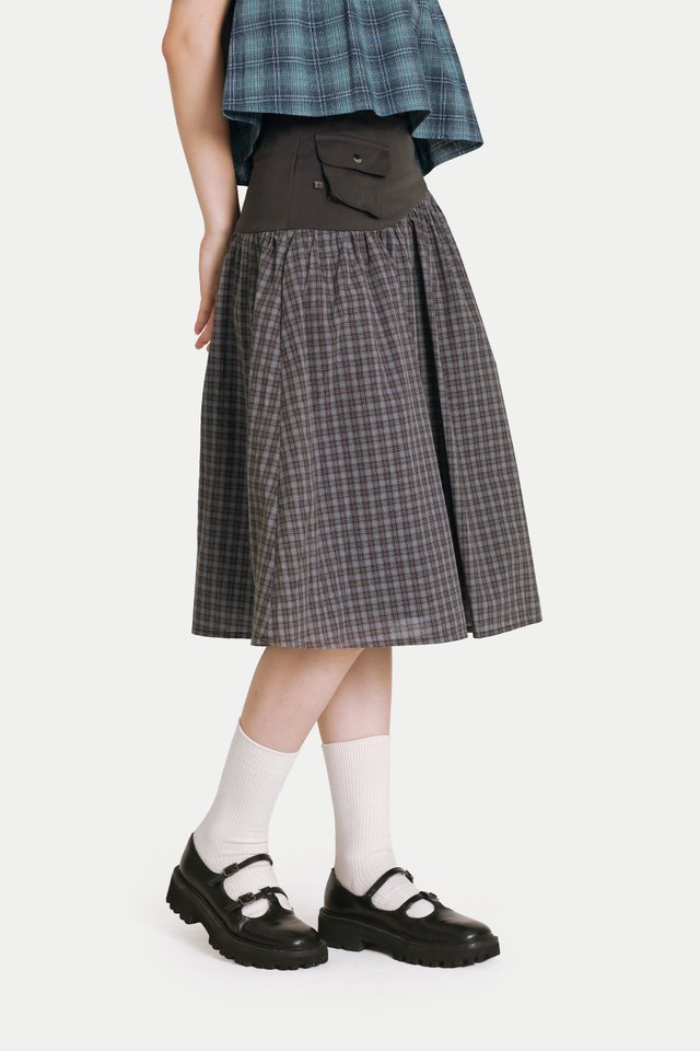 GARDENIA POUCH MIDI SKIRT IN ASH BROWN CHECKS