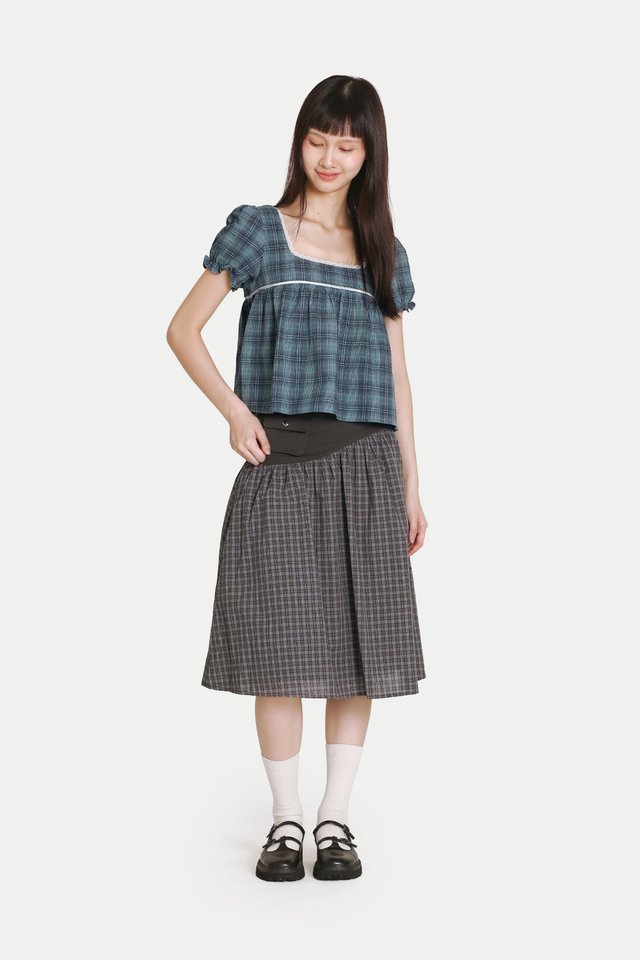 GARDENIA POUCH MIDI SKIRT IN ASH BROWN CHECKS