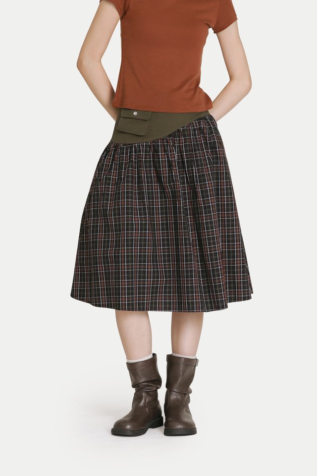 GARDENIA POUCH MIDI SKIRT IN DARK OLIVE CHECKS