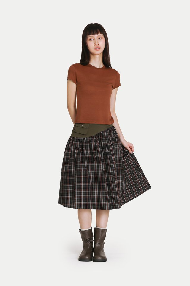 GARDENIA POUCH MIDI SKIRT IN DARK OLIVE CHECKS