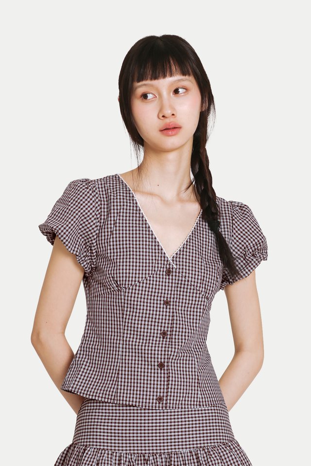 JOSETTE V-NECK PUFF SLEEVE TOP IN BROWN CHECKS