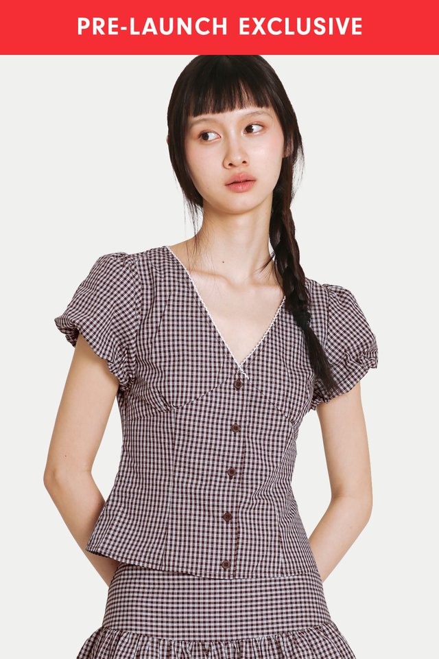 JOSETTE V-NECK PUFF SLEEVE TOP IN BROWN CHECKS