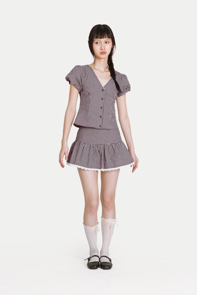 JOSETTE V-NECK PUFF SLEEVE TOP IN BROWN CHECKS