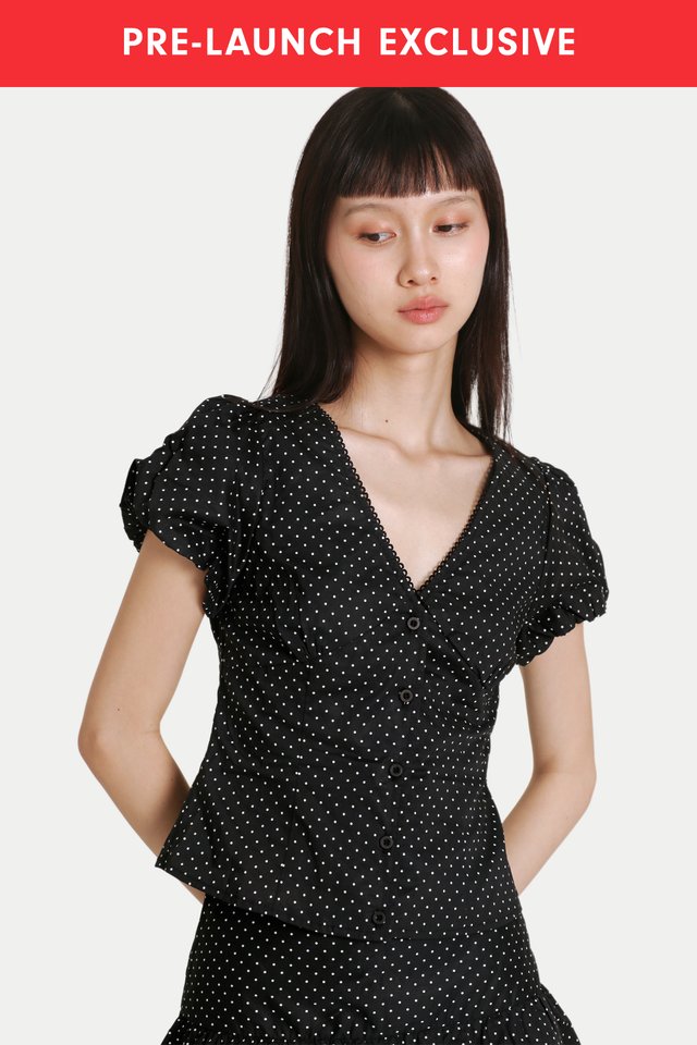 JOSETTE V-NECK PUFF SLEEVE TOP IN BLACK DOTS