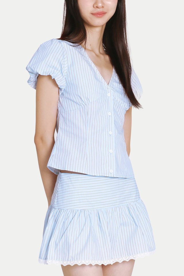 JOSETTE V-NECK PUFF SLEEVE TOP IN SKY STRIPES