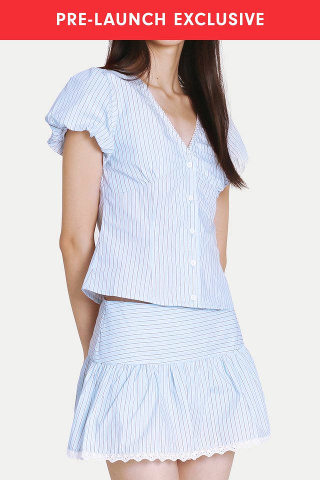 JOSETTE V-NECK PUFF SLEEVE TOP IN SKY STRIPES