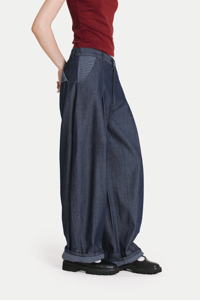 KENTA CONTRAST DENIM BARREL LEG JEANS IN VINTAGE WASH/HICKORY STRIPE