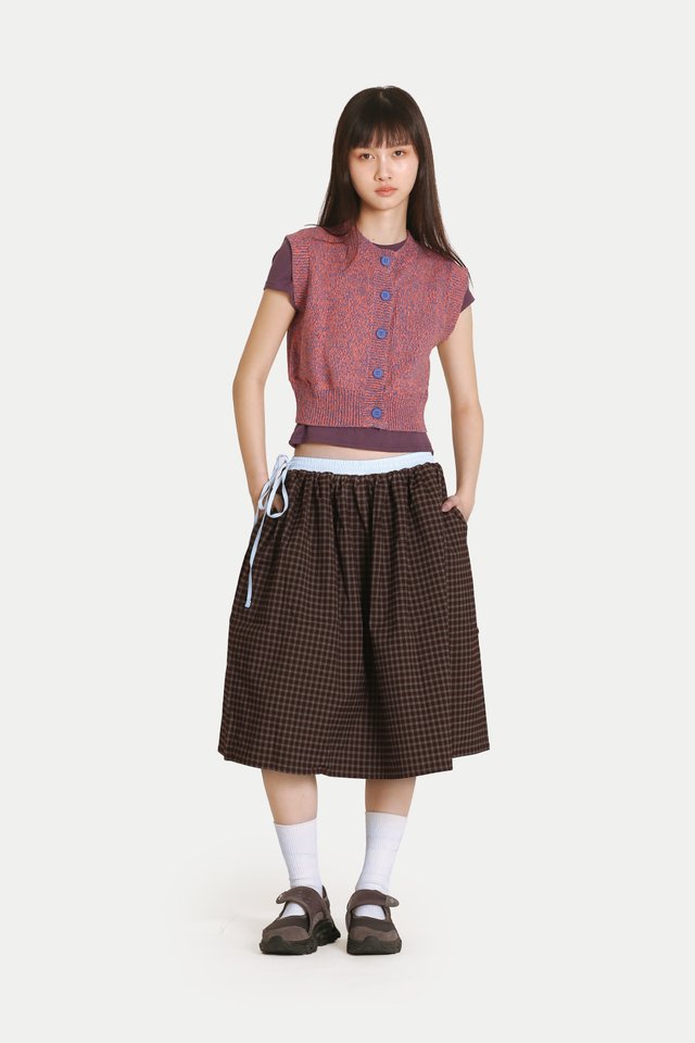 KIKO CHECKERED DRAWSTRING MIDI SKIRT IN BROWN