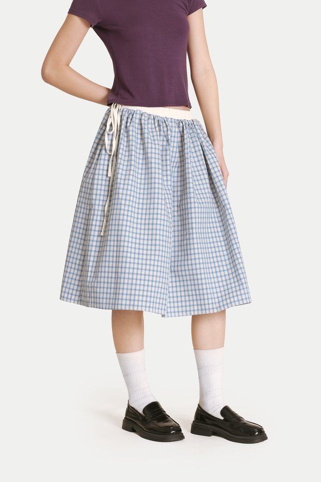 KIKO CHECKERED DRAWSTRING MIDI SKIRT IN SKY