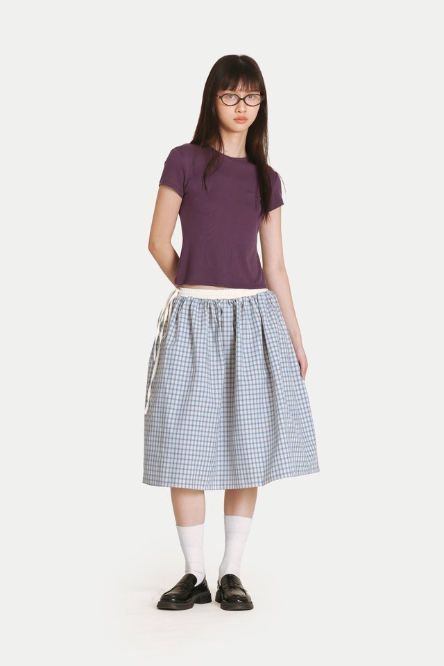 KIKO CHECKERED DRAWSTRING MIDI SKIRT IN SKY