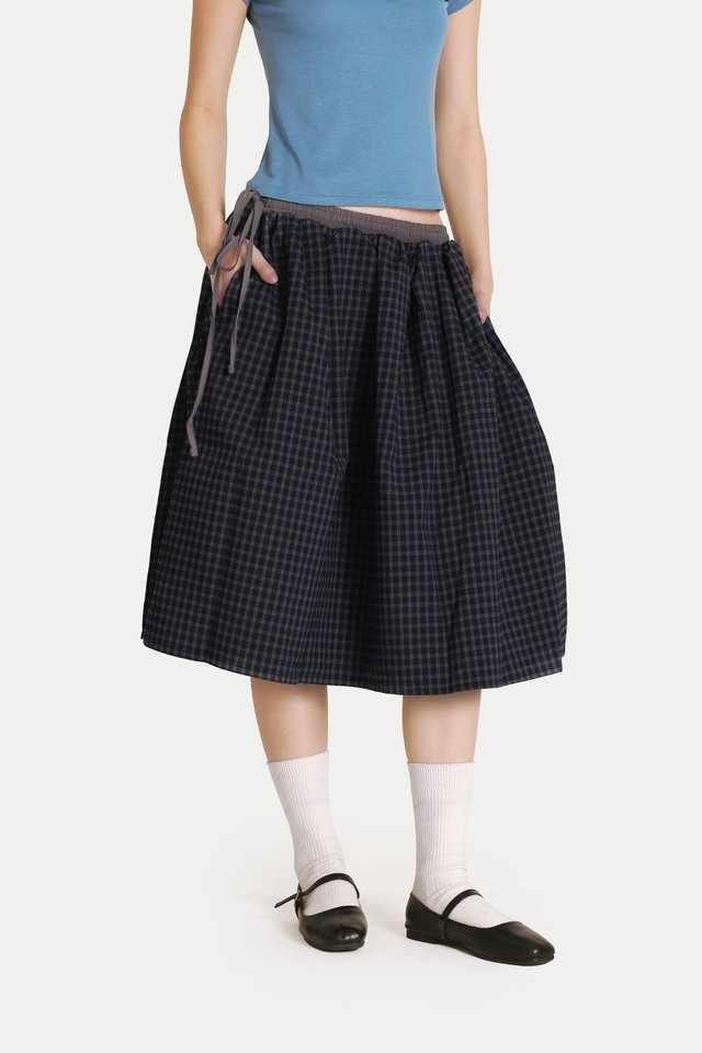 KIKO CHECKERED DRAWSTRING MIDI SKIRT IN NAVY