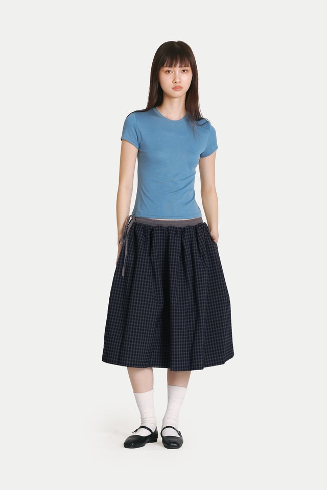 KIKO CHECKERED DRAWSTRING MIDI SKIRT IN NAVY