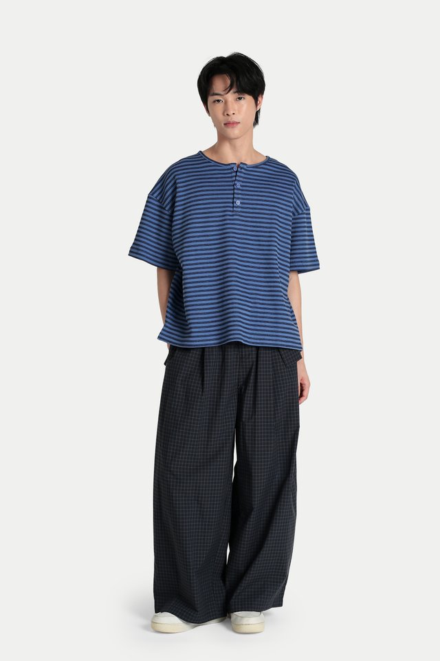 KOA BOXY-FIT STRIPED HENLEY TOP IN BLUE