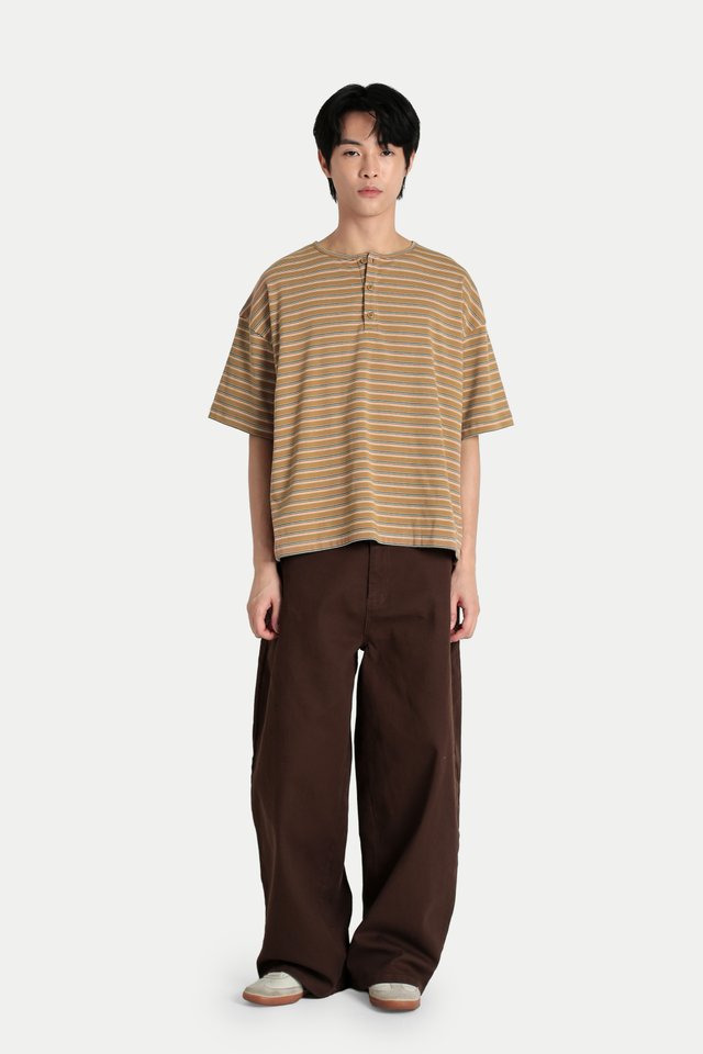 KOA BOXY-FIT STRIPED HENLEY TOP IN DESERT