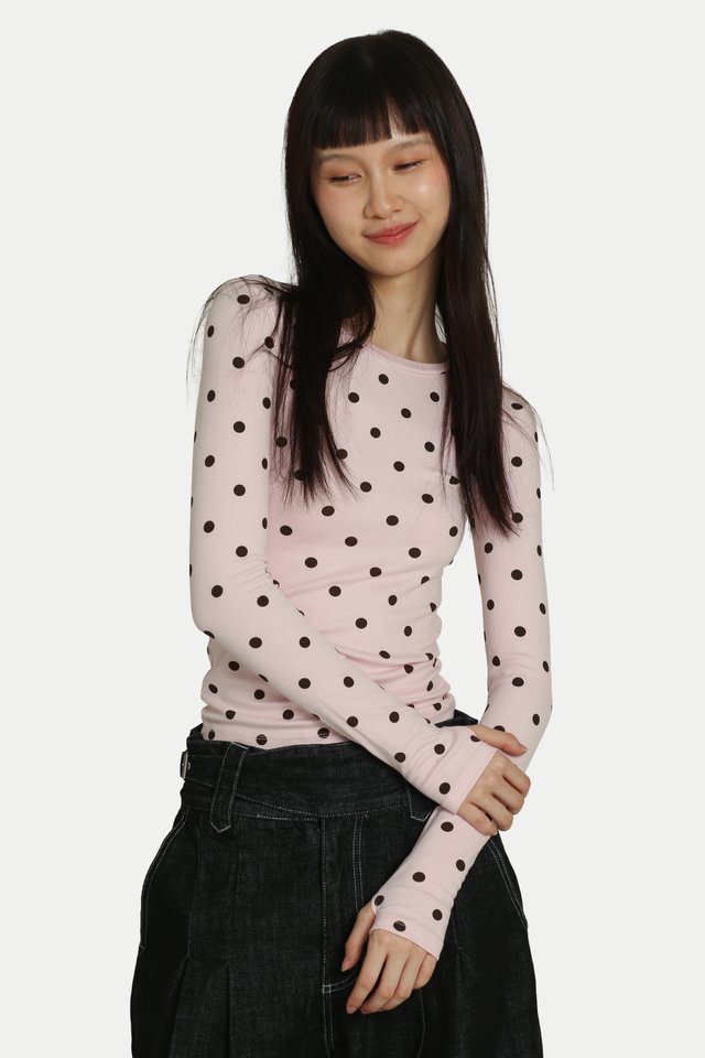 THUMBELINA POLKA DOT LONG SLEEVE TOP IN CHERRY BLOSSOM