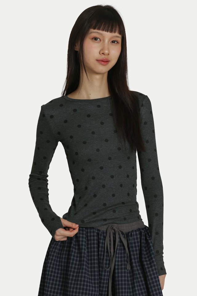 THUMBELINA POLKA DOT LONG SLEEVE TOP IN CHARCOAL