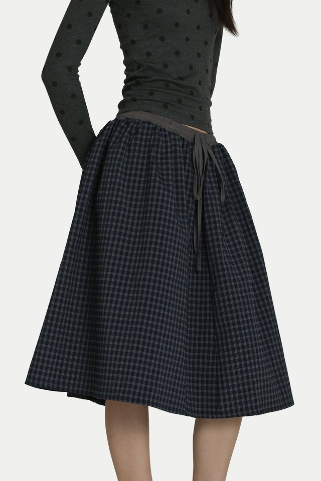 KIKO CHECKERED DRAWSTRING MIDI SKIRT IN NAVY
