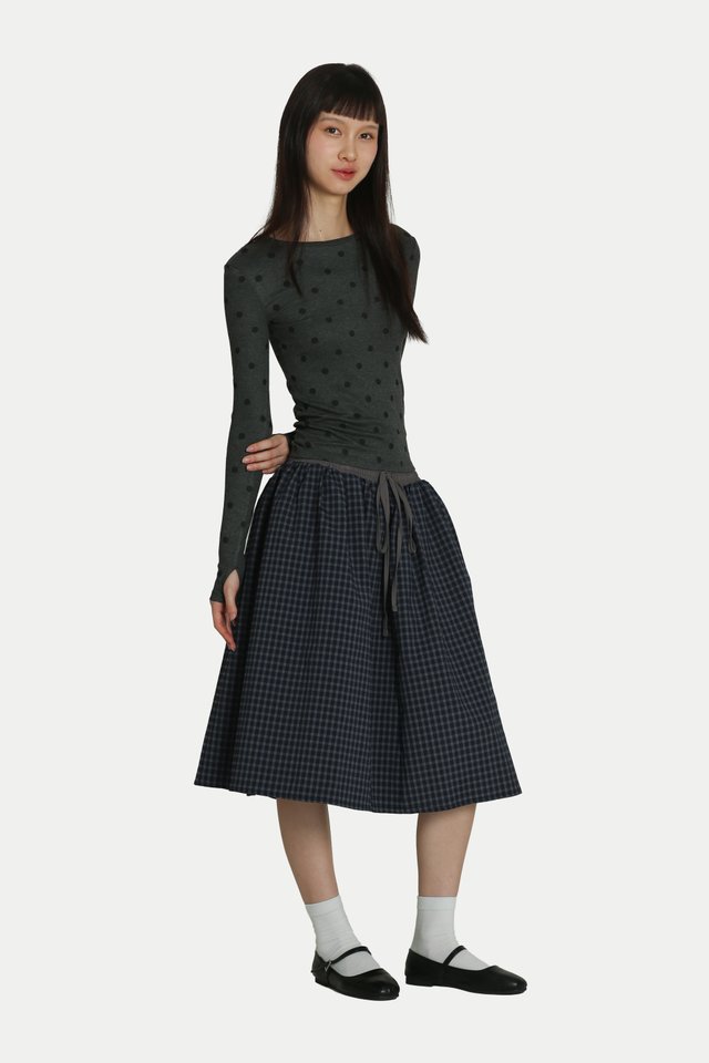 KIKO CHECKERED DRAWSTRING MIDI SKIRT IN NAVY