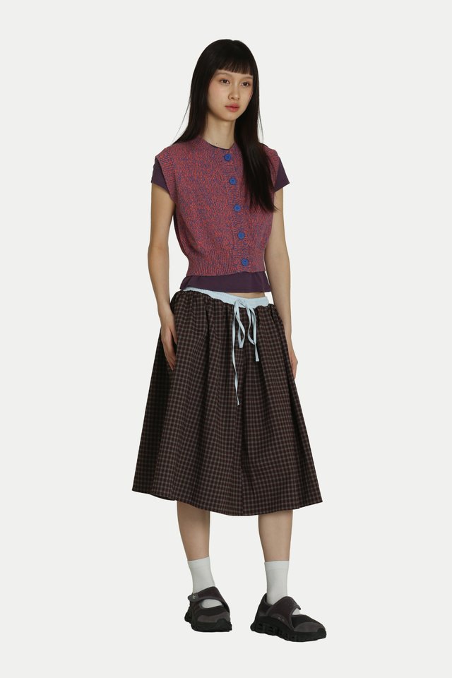KIKO CHECKERED DRAWSTRING MIDI SKIRT IN BROWN