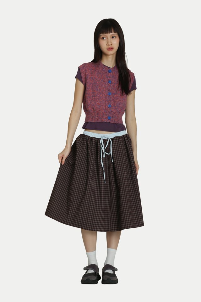 KIKO CHECKERED DRAWSTRING MIDI SKIRT IN BROWN