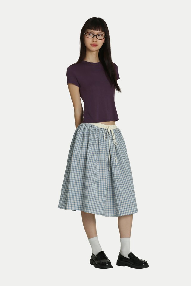 KIKO CHECKERED DRAWSTRING MIDI SKIRT IN SKY