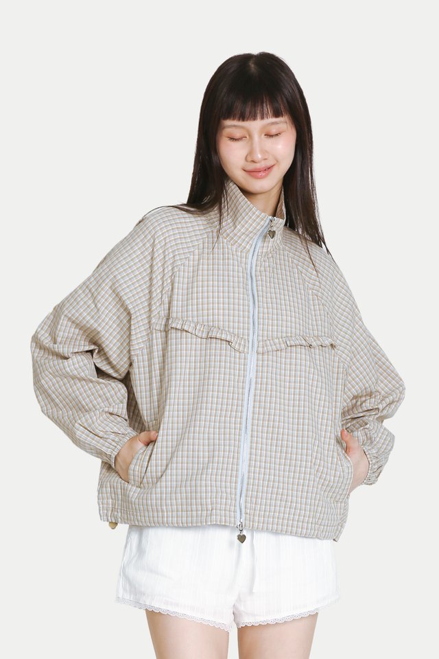 MYLO LIGHT ZIP-UP FRILL JACKET IN BISCUIT CHECKS