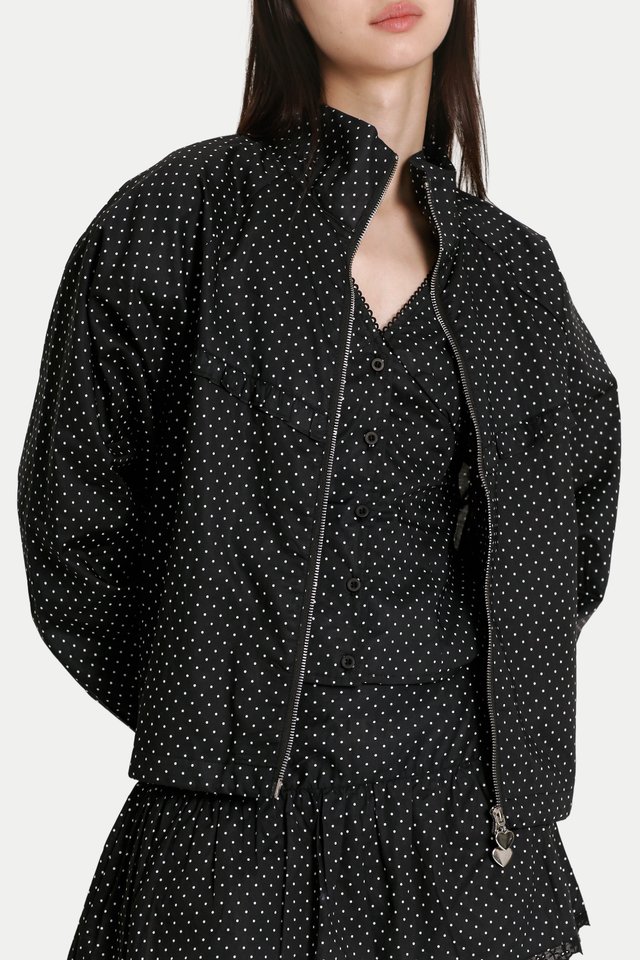 MYLO LIGHT ZIP-UP FRILL JACKET IN BLACK DOTS