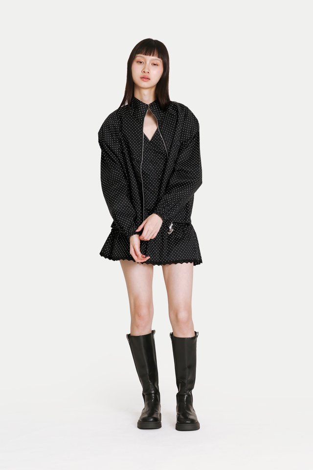 MYLO LIGHT ZIP-UP FRILL JACKET IN BLACK DOTS