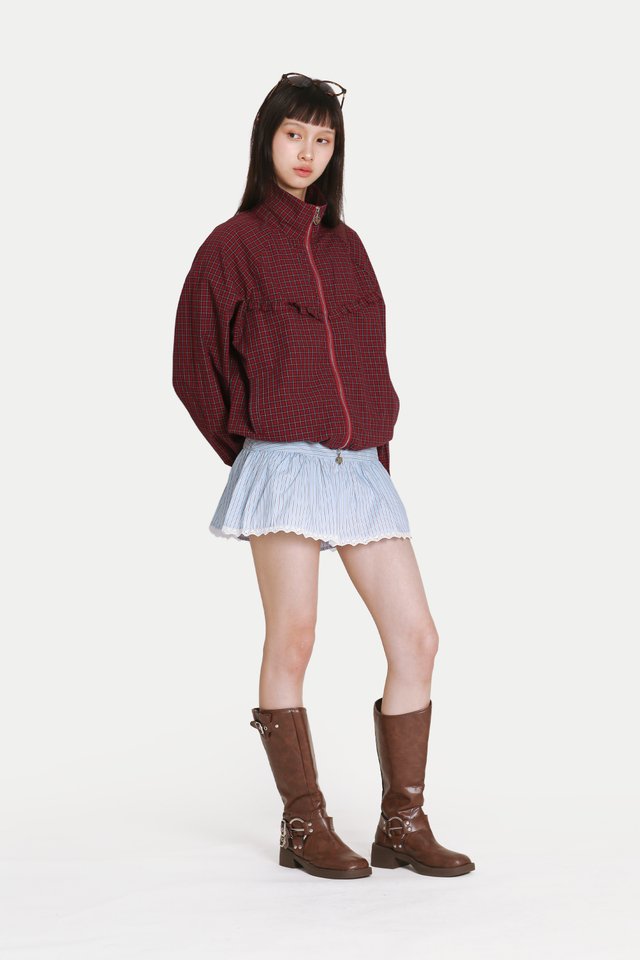 MYLO LIGHT ZIP-UP FRILL JACKET IN RED CHECKS