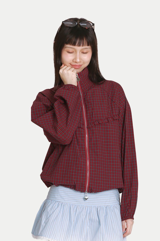 MYLO LIGHT ZIP-UP FRILL JACKET IN RED CHECKS
