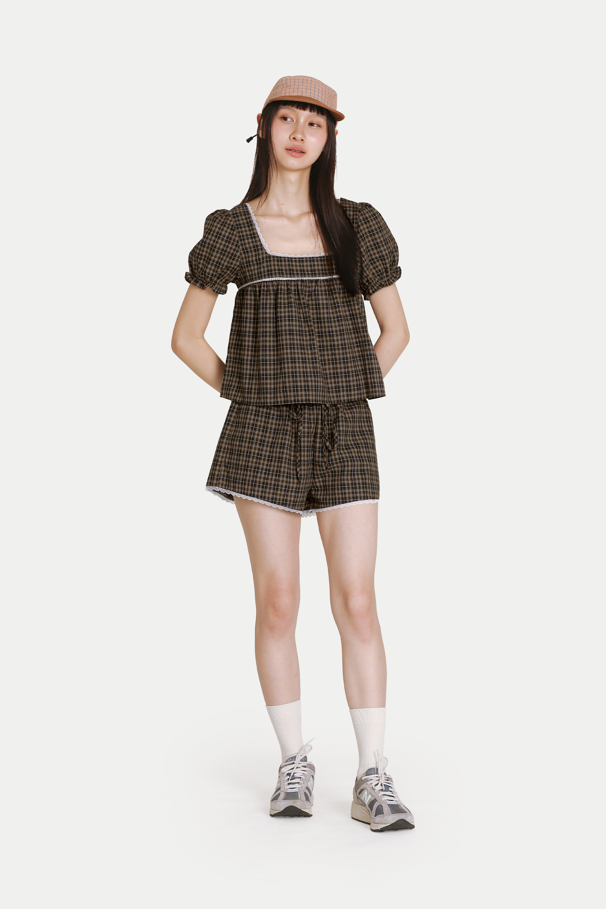 ELIANA SQUARE NECK BABYDOLL TOP IN MOCHA CHECKS