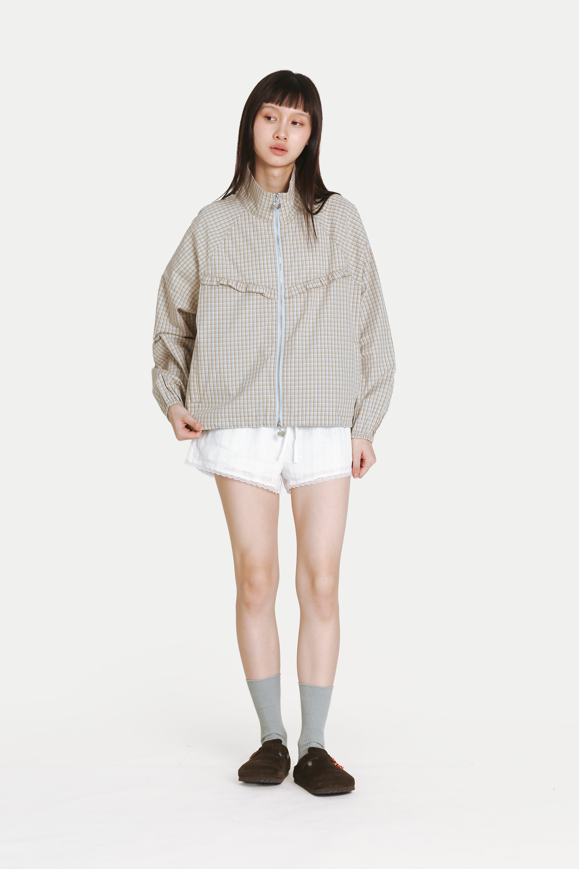 MYLO LIGHT ZIP-UP FRILL JACKET IN BISCUIT CHECKS
