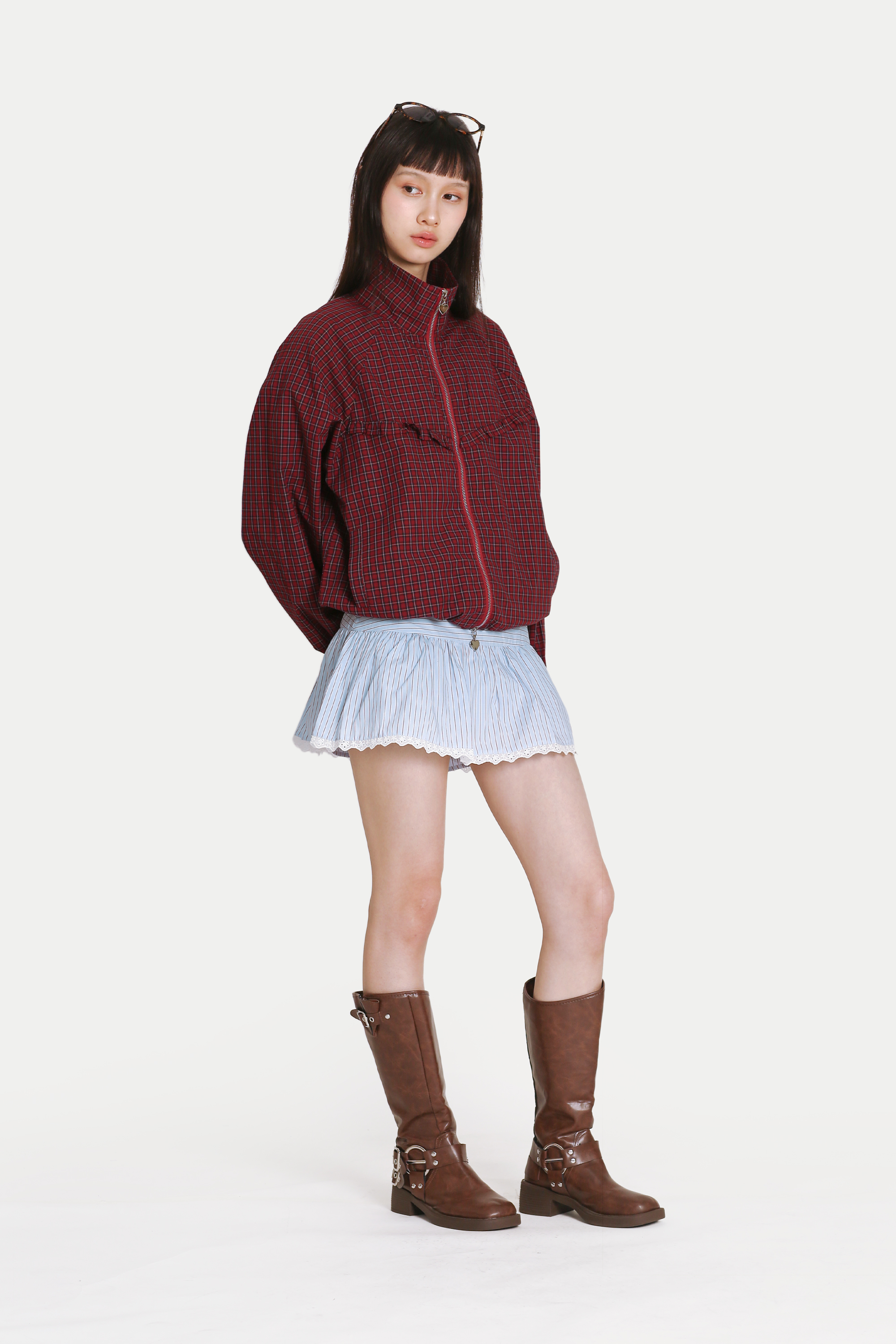 MYLO LIGHT ZIP-UP FRILL JACKET IN RED CHECKS