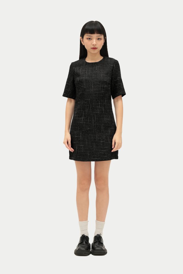 PORTIA TWEED MINI DRESS IN BLACK