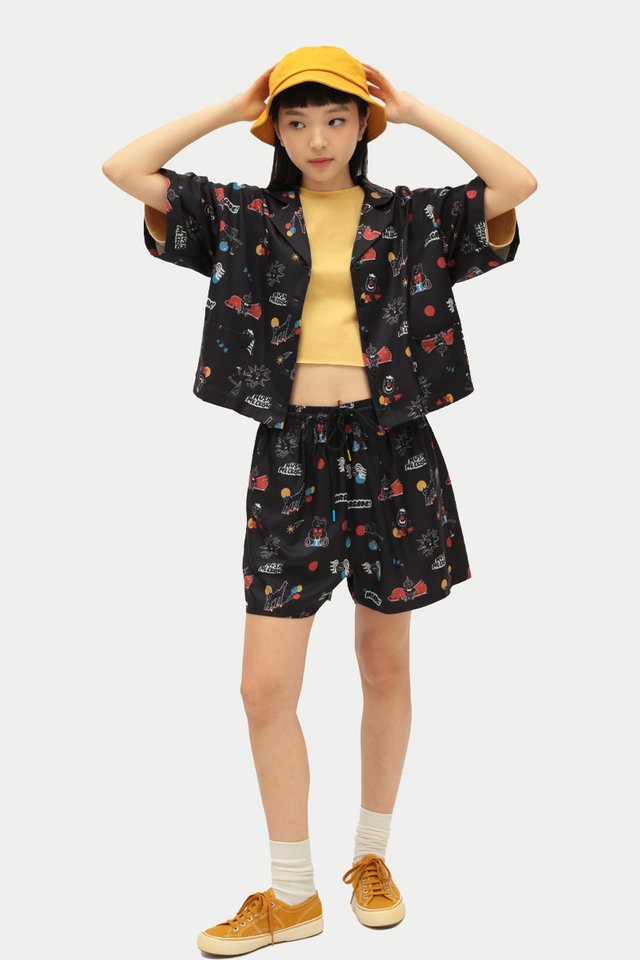 ARCADE X YELLOWMUSHMELLOW DRAWSTRING SHORTS IN BLACK