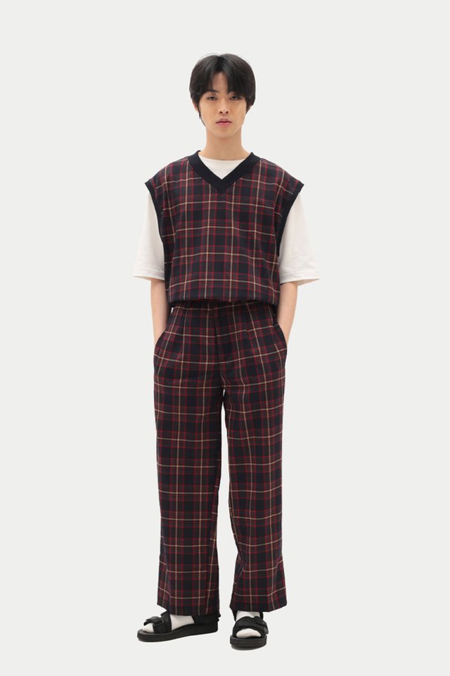 DRIES WIDE-LEG PLAID TROUSERS IN NAVY