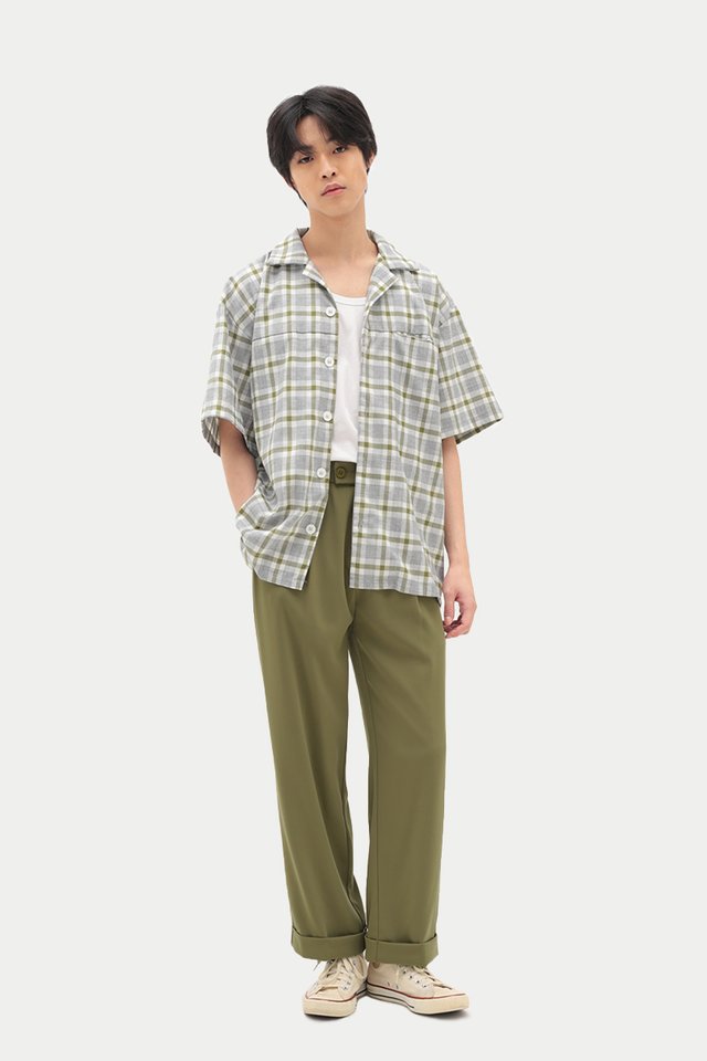 COREY CHECKED CAMP COLLAR SHIRT IN OLIVE